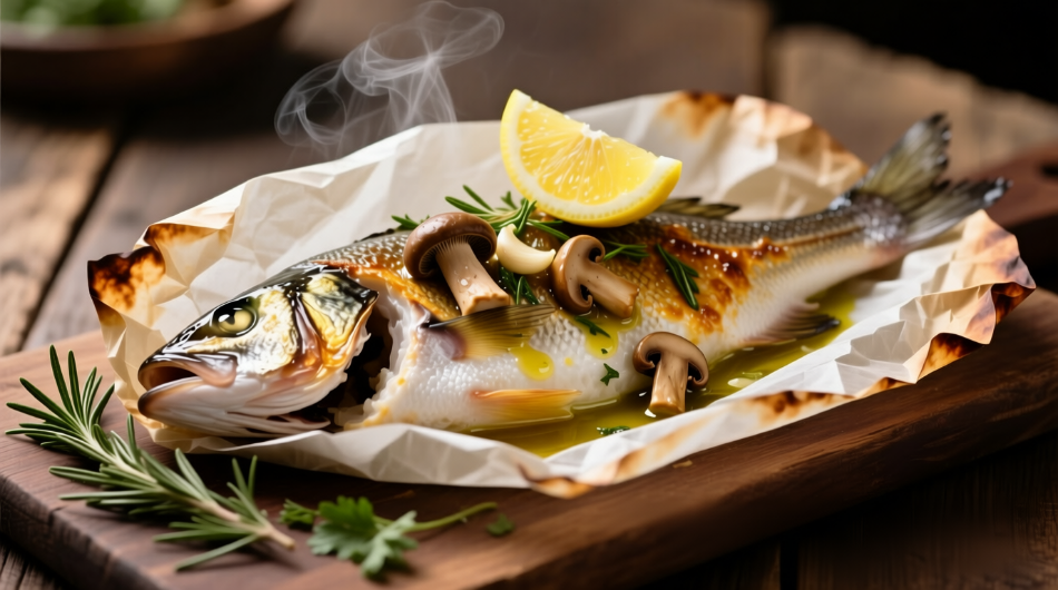 Pesce al cartoccio con funghi: branzino o orata cotto al forno con funghi, limone e erbe